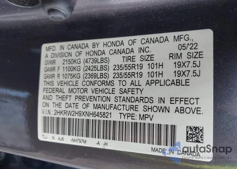 2022 Honda Cr-V Touring z USA, uszkodzony, nr VIN 2HKRW2H9XNH645821